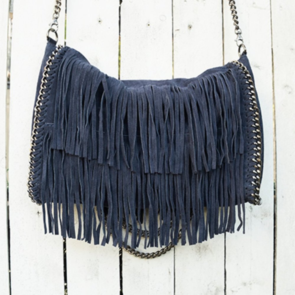 Blue Suede Fringe Bag